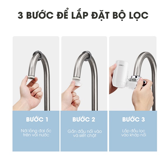 B1: Nới lỏng đai óc trên vòi nước,  B2: Gắn đầu nối vào và siết chặt,  B3: Lắp đầu lọc vào khớp nối