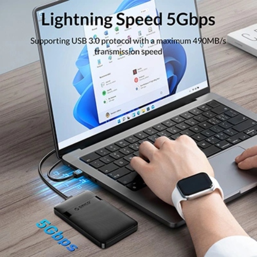 Box ổ cứng HDD-SSD ORICO 2577U3-V1-BK có cổng USB 3.0 tốc độ truyền dữ liệu 5Gbps, nhanh gấp 10 lần USB 2.0. Đảm bảo rút ngắn thời gian truyền tải lượng dữ liệu lớn.