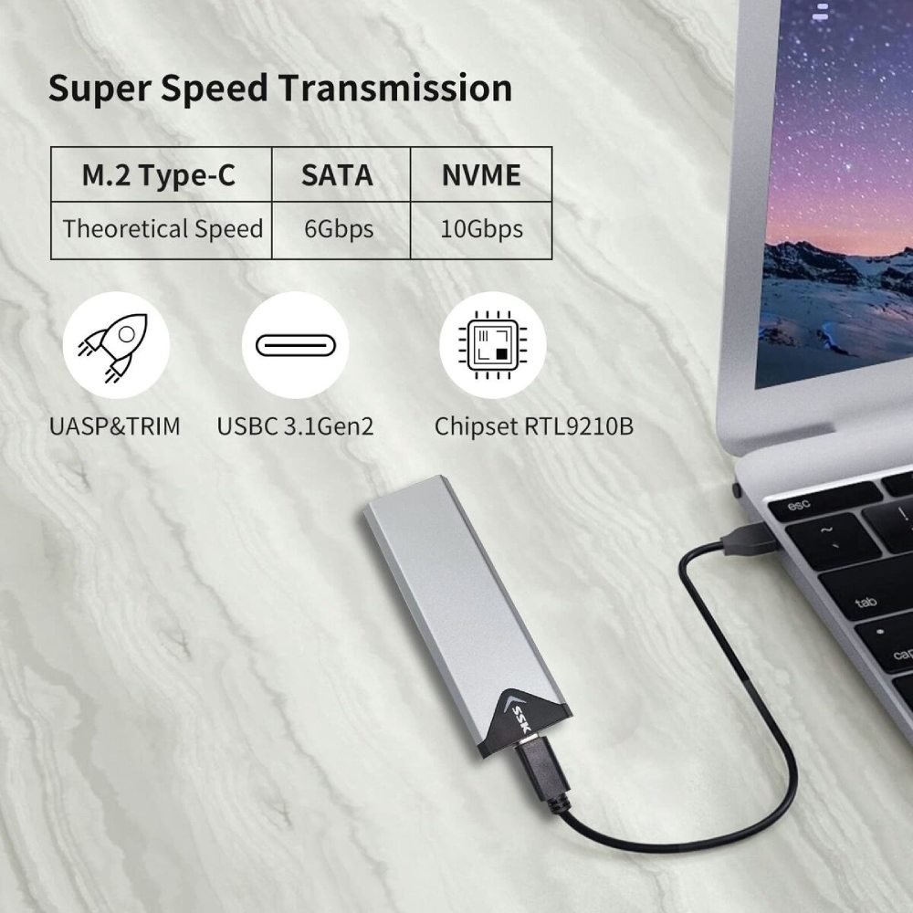 Box ổ cứng SSD M2 SHE-C320 có cổng USB 3.0 tốc độ truyền dữ liệu 5Gbps, nhanh gấp 10 lần USB 2.0. Đảm bảo rút ngắn thời gian truyền tải lượng dữ liệu lớn.
