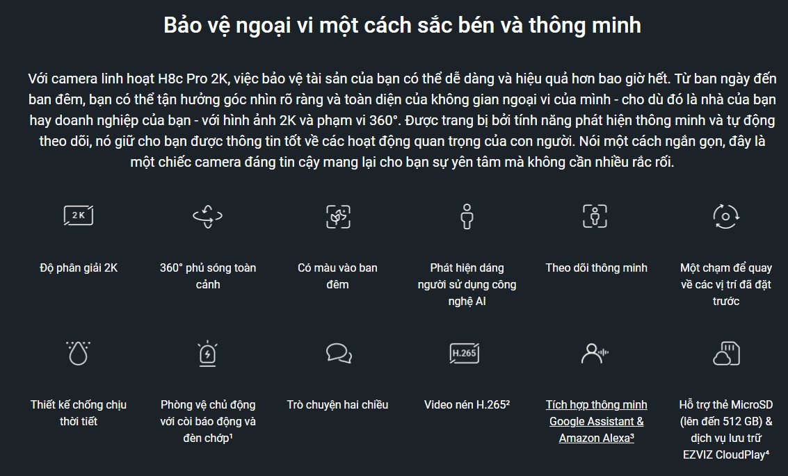 Bạn sẽ không bỏ lỡ bất kỳ sự việc nào xung quanh ngôi nhà của mình. Vì Camera Ezviz H8C Pro 3MP 2K sẽ bám theo chuyển động của người và phương tiện để quan sát. Trang bị tính năng phòng vệ chủ động bằng còi báo và âm thanh để răn đe kẻ xâm nhập trái phép ngay tại chỗ. Đồng thời bạn cũng nhận được thông báo tức thì từ thiết bị của bạn.