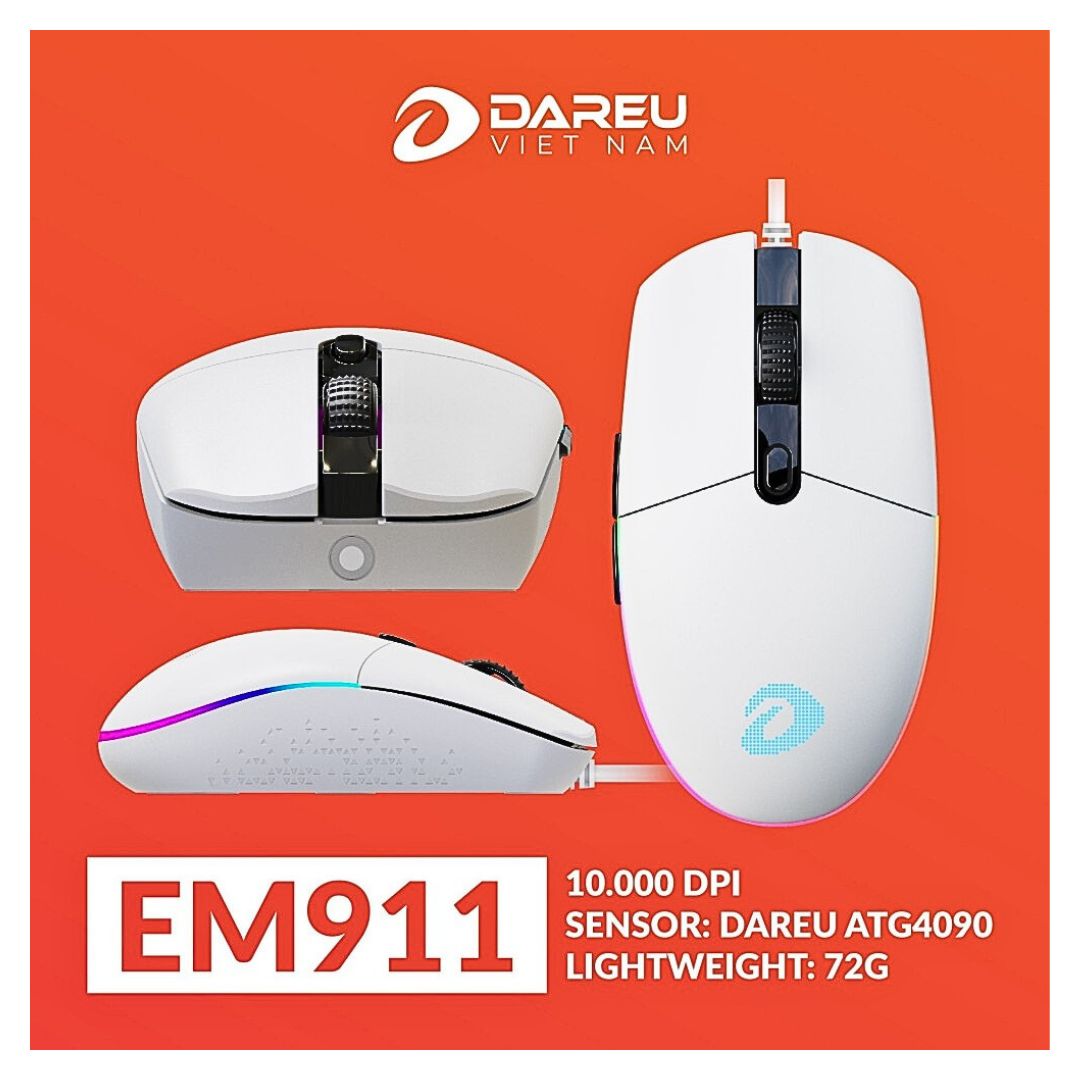 Bên cạnh đó, Chuột Gaming DAREU EM911 còn gây ấn tượng mạnh bởi hệ thống đèn LED đỉnh cao lên đến 16,8 triệu màu dựa theo bảng RGB.