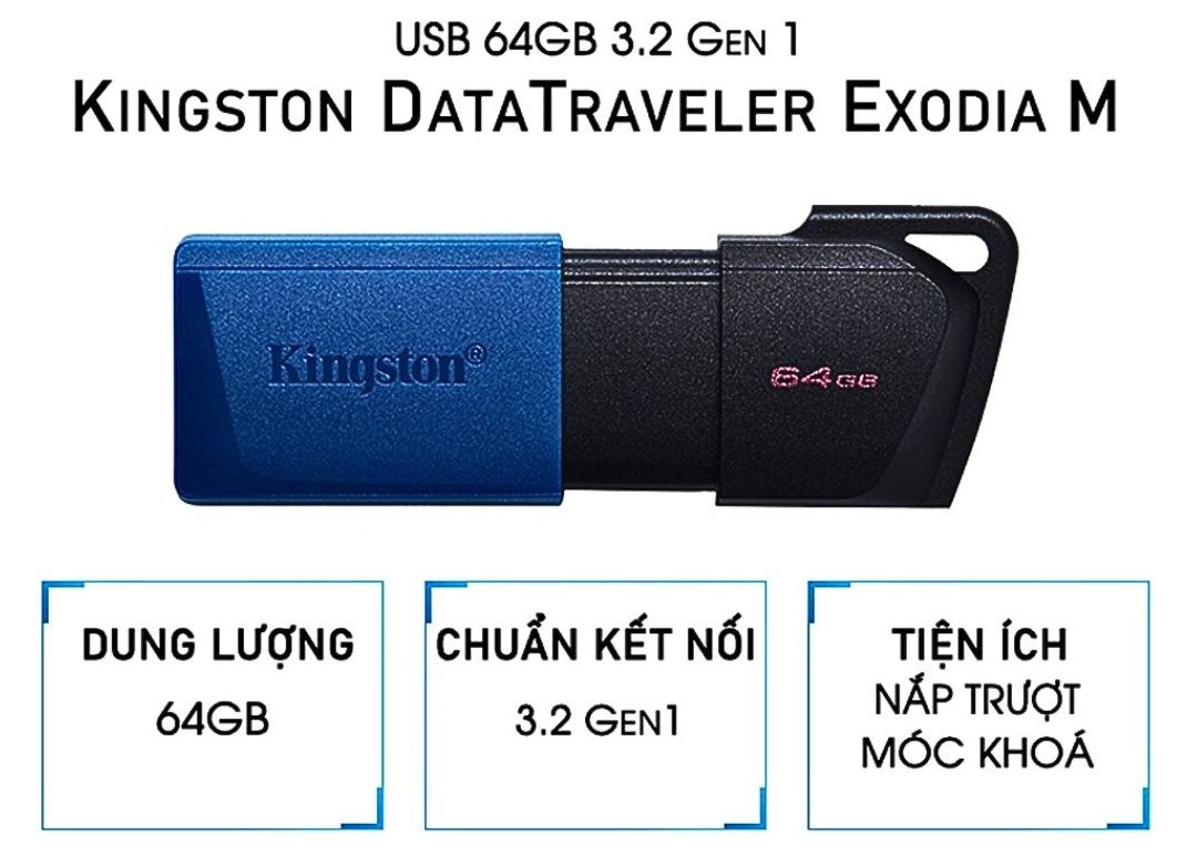 USB Kingston 3.2 DataTraverler Exodia M được trang bị hiệu năng với công nghệ USB 3.2 Gen 1. Giúp bạn dễ dàng kết nối với máy tính xách tay, máy tính để bàn, màn hình TV. Hay các thiết bị kỹ thuật số khác với tốc độ truyền dữ liệu cực nhanh.