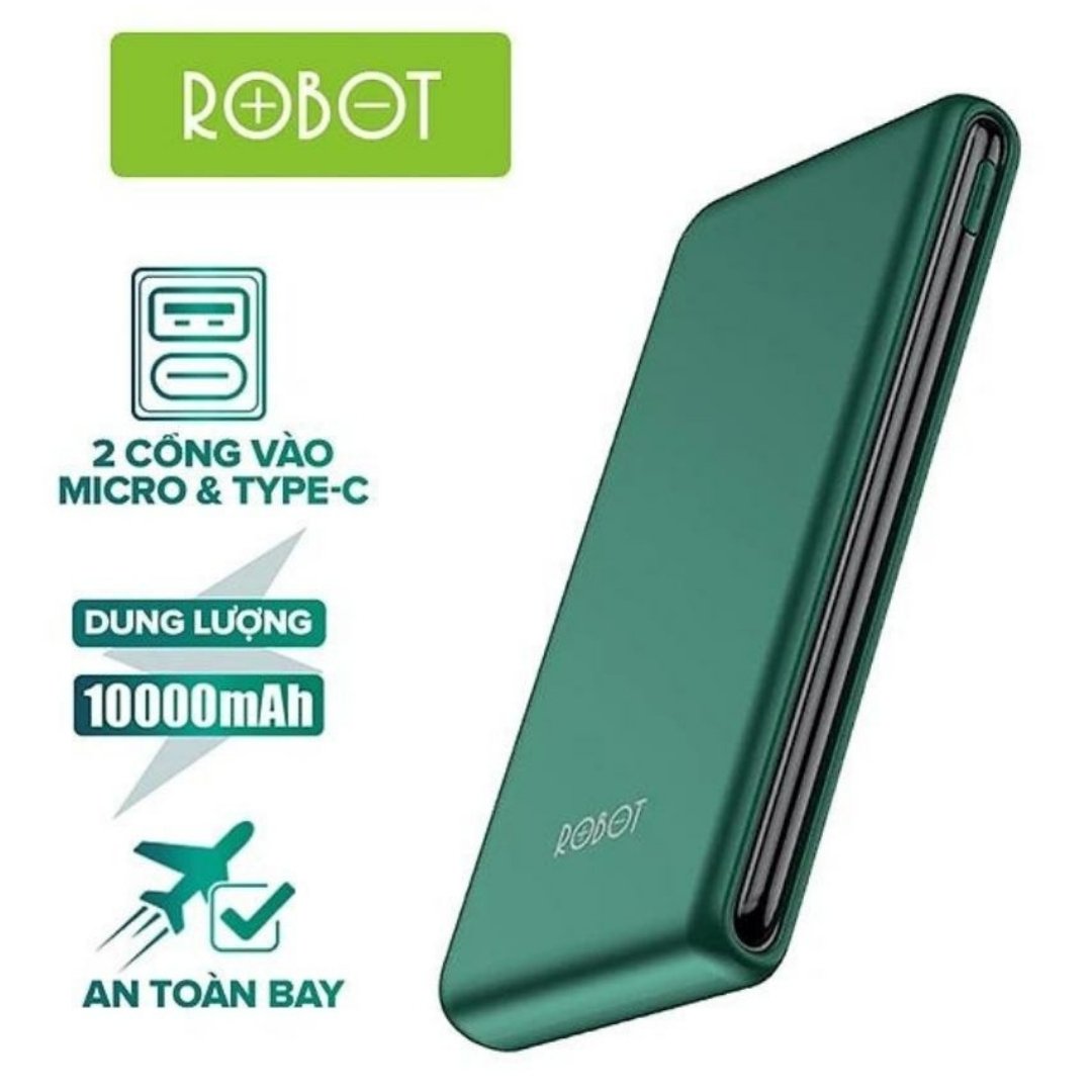 Sạc dự phòng ROBOT RT180 10000mAh 10.5W Green - Gam màu thời thượng, dung lượng pin lớn, hiệu suất sạc lớn, sạc pin cho điện thoại 1 cách tối ưu.