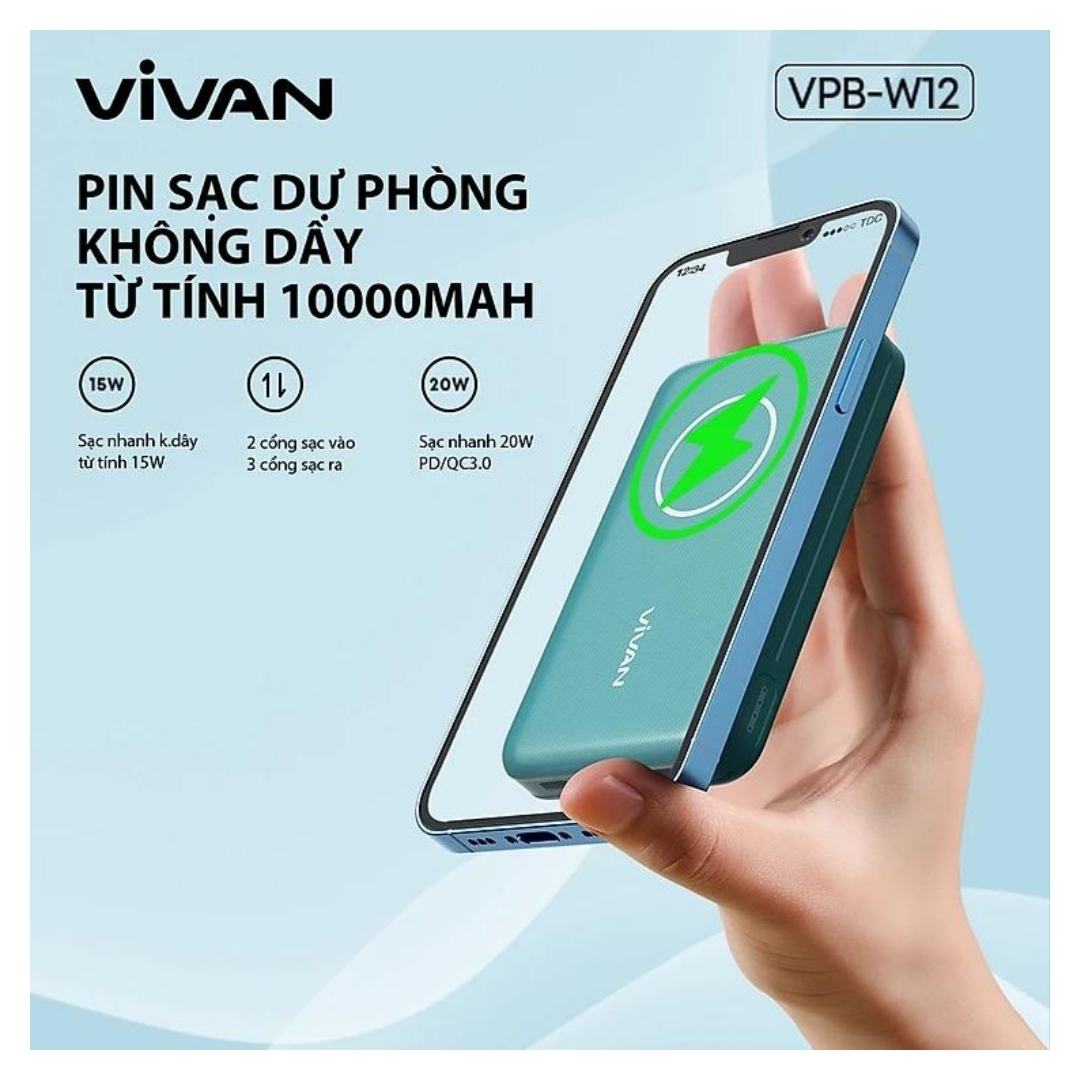 Pin sạc dự phòng VIVAN VPB-W12 - khá gọn, viền bo cong mềm mại mang đến cảm giác cầm chắc tay, tiện lợi mang theo bất cứ đâu.