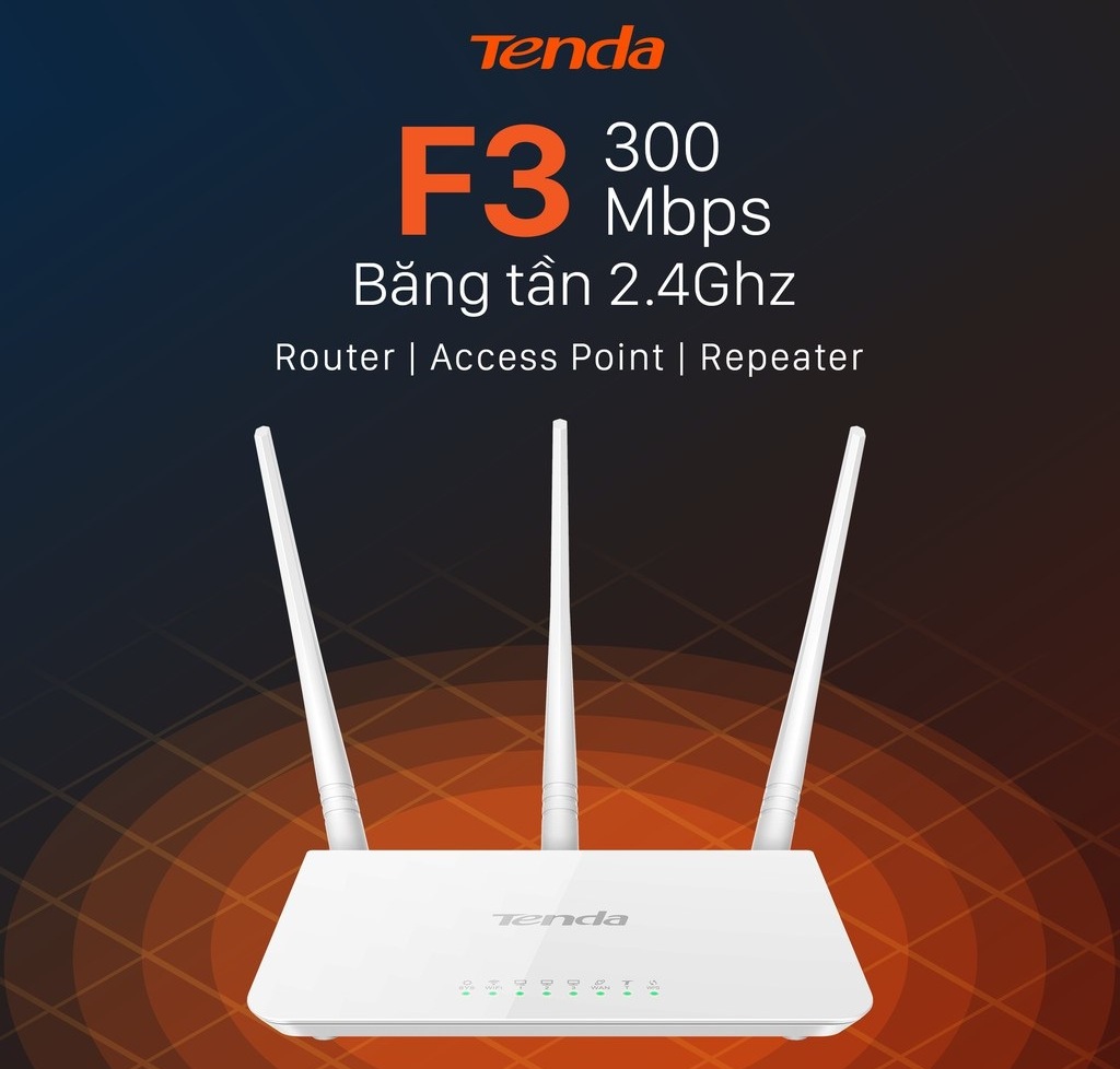 Bộ Phát Wifi Tenda F3 300Mbps là Router WiFi thiết kế dành riêng cho gia đình. Với giao diện dễ cài đặt, dễ dàng thiết lập và sử dụng tại nhà.    Cung cấp WiFi chuẩn N tốc độ 300Mbps, Tenda F3 đảm bảo nhu cầu lướt web , xem phim…. mượt mà. Hỗ trợ nhiều chế độ hoạt động như Router/AP/Repeater.